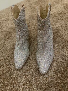 Betsey Johnson Iridescent Crystal Embellished Ankle Boots - Silver